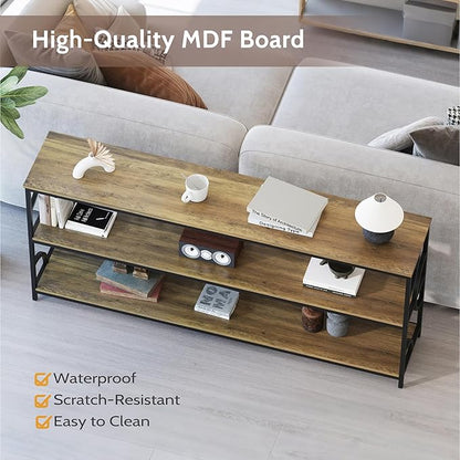 70.9-Inch Industrial Sofa Table, Extra Long Console Table Behind Couch with 3-Tier Storage Shelves, Rustic Brown Finish for Entryway, Living Room, Foyer, Hallway, and Office