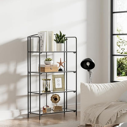Crofy No Assembly Folding Bookshelf for Living Room, 4 Tier Black Collapsible Book Shelf for Home Office, Portable Bookcase Storage Organizer