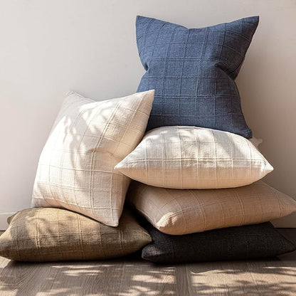 Foindtower Set of 2 Decorative Linen Check Throw Pillow Covers Neutral Farmhouse Vintage Cushion Covers Modern Boho Home Decor for Sofa Chair Couch Bedroom Living Room Outdoor,18×18 Inch,Charcoal