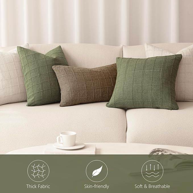 Foindtower Set of 2 Decorative Linen Check Throw Pillow Covers Neutral Farmhouse Vintage Cushion Covers Modern Boho Home Decor for Sofa Chair Couch Bedroom Living Room Outdoor,18×18 Inch,Sage Green