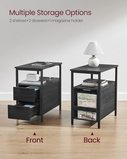 VASAGLE Side Table with Charging Station, Narrow End Table with 2 Drawers, Slim Nightstand and Bedside Table with Storage, for Small Spaces, Black ULET321B22