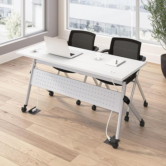 Bush Business Furniture Folding Training Table Set for 2, 60 inch Desk with Powered Grommets and 2 Chairs with Arms, Commercial-Grade Bundle for Office or Classroom, Envision Collection, White