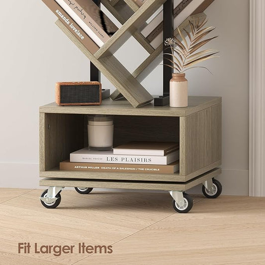 Double Sided Rotating Tree Bookshelf - 7-Tier Retro Floor Standing Bookcase, Wood Storage for Books, CDs, Movies, Perfect for Small Spaces in Bedroom, Living Room, Home Office, Grey