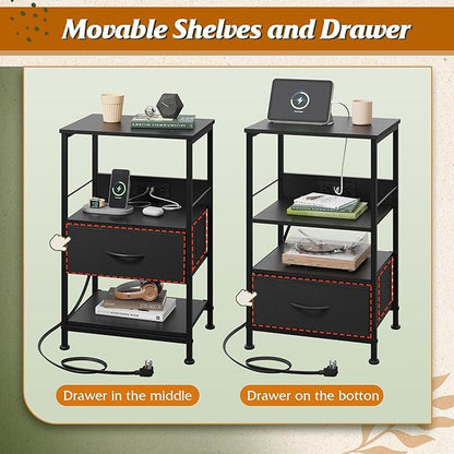 WLIVE Night Stand with Charging Station, LED Nightstand with Adjustable Fabric Drawer, 3-Tier Storage Bedside Table, Small End Side Tables for Bedroom, Black