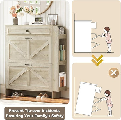 IRONCK Shoe Storage Cabinet with 2 Flip Drawers & Barn Door Design, Freestanding Shoe Cabinet Organizer with Drawer and Shelves for Entryway, Farmhouse Shoe Rack Cabinet,Rustic Maple