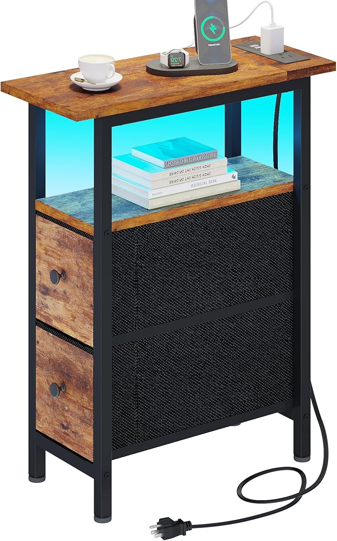 End Table with Charging Station, Narrow Side Table with 2 Fabric Drawers, Skinny Nightstand with LED Light, Slim Bedside Table for Bedroom, Living Room, Small Spaces, Rustic Brown