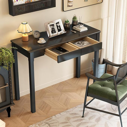 Solid Wood Desk with Drawers - 39 x 16 Inch Modern Narrow Desks, Rubber Wood Study Table, Small Writing Desk for Small Spaces|Bedroom - Black Desks