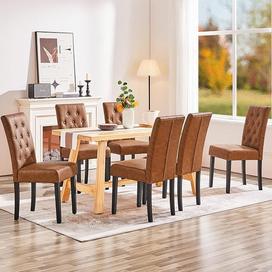 Yaheetech Dining Chairs Set of 6 Modern Style Faux Leather Dining Room Chairs with Solid Wood Legs and Button Tufted Padded for Home Kitchen, Retro Brown