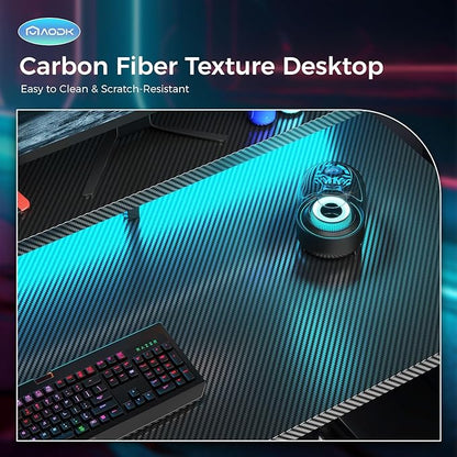 AODK Computer Desk, 56 Inch Gaming Desk with Led Lights & Power Outlet, Office Desk with Storage Shelves, Reversible Desk with Monitor Shelf & Headphone Hook, Carbon Fiber Black