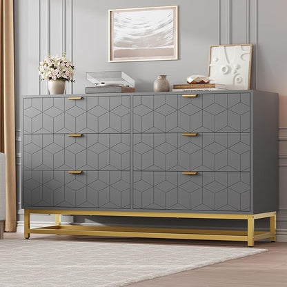 Dresser for Bedroom, 53.5" Large Dresser Organizer, 6 Drawer with Golden Metal Handle and Legs, Modern Chest of Drawers, Grey Dressers with Drawers for Closet, Hallway, Living Room, Entryway