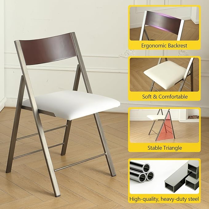 Folding table and chair set, dining table with extra large storage space and 4 universal wheels, matched with padded steel frame folding chairs, space-saving dining table and 2 chairs (White)
