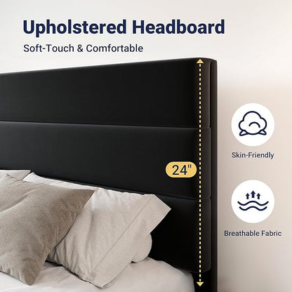 Allewie Modern King Size Platform Bed Frame with 4 Storage Drawers and Velvet Upholstered Headboard, Wooden Slats Support, Upholstered Mattress Foundation/No Box Spring Needed/Easy Assembly, Black