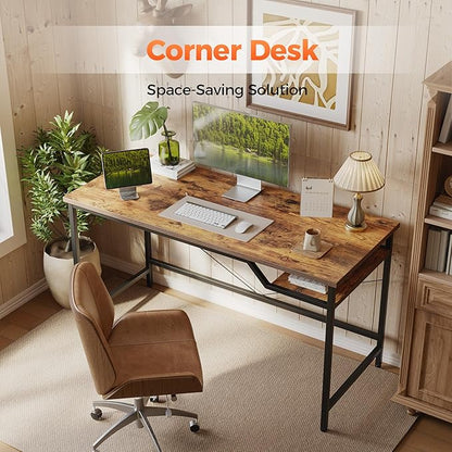 Computer Desk 55 X 24 inch, Gaming Desk for Small Spaces, Modern Simple Style Table for Home Office, Study Student Writing Table (Shelf, Rustic Brown, 55 inch)