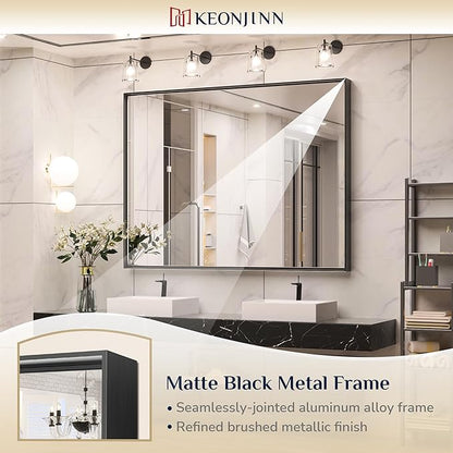 Keonjinn Black Bathroom Mirror 48” x 40” Wall Mirror for Bathroom Vanity Large Metal Frame Rectangle Mirror for Over Sink Rectangular Farmhouse Square Corner Framed Mirror(Horizontal/Vertical)