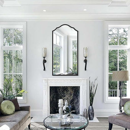 Arched Bathroom Mirror for Wall, 48"x24" Long Scalloped Entryway Mirror with Black Decorative Metal Frame for Living Room, Bedroom, Entryway