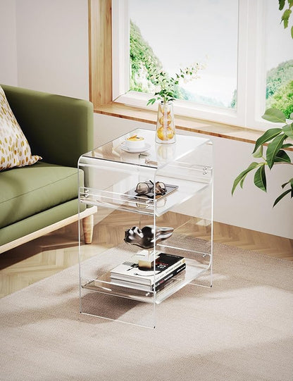 Acrylic Record Player Table with Storage Shelf, Clear Side Table Nightstand (Clear)