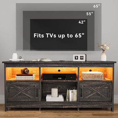 DWVO TV Stand for up to 65 Inch TV, Entertainment Center with Storage, TV Cabinet with Power Outlet & LED Light Strip, Media Console Television Stands for Living Room, Dark Rustic Oak