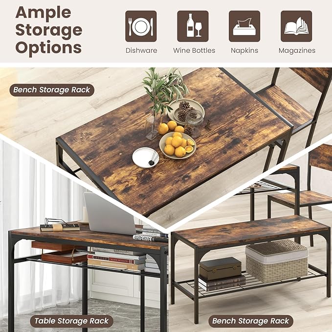 Tangkula Dining Table Set for 4, Kitchen Table and 2 Chairs for 4 with Bench, Additonal Storage Rack, 4 Piece Dining Table Set for Small Space, Apartment