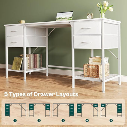 Huuger 63 Inch White Desk with 4 Drawers, Vanity Desk with Mesh Shelf, Large Storage, Computer Desk Office Desk for Home Office, Bedroom, Work from Home