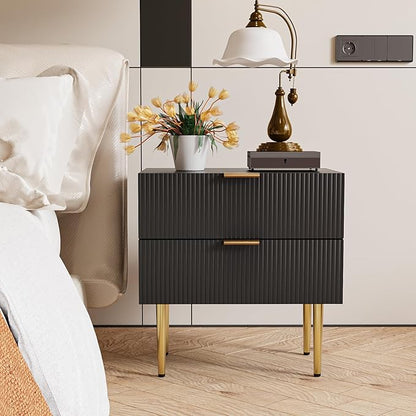 Black Nightstand for Bedroom, Fluted Night Stand Set of 2, Mid Century Modern Bedside Table with Gold Metal Legs