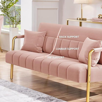 Yaheetech 56.5" W Modern Sofa Small Sofa Luxurious Velvet Fabric Couch with Gold-Tone Metal Arms and Legs for Living Room, Home Office, Studio Pink