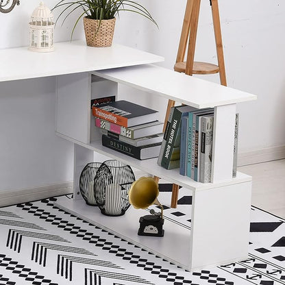 HOMCOM L Shaped Desk, Corner Computer Desk, 360 Degree Rotating Home Office Desk with Storage Shelves, Writing Table Workstation, White