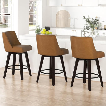 Bar Stools Set of 2, 26" H Counter Height Swivel Bar Stools, Upholstered Kitchen Island Counter Stools with Back and Solid Wood Legs, Faux Leather in Rustic Brown