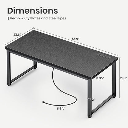 Huuger 55 x 24 inch Desk with Power Outlets & USB-C, Deeper & Thicker Desktop, Robust Metal Tubes, Computer Desk, Heavy Duty Office Desk, Work Gaming Desk for Home Office, Black