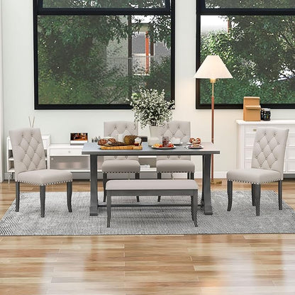 Ball & Cast Dining Table Set for 6, 60" Rectangular Dining Room Table with 4 Upholstered Chairs and 1 Bench, 6-Piece Farmhouse Dining Furniture Set with Solid Wood Legs for Kitchen,Antique Gray