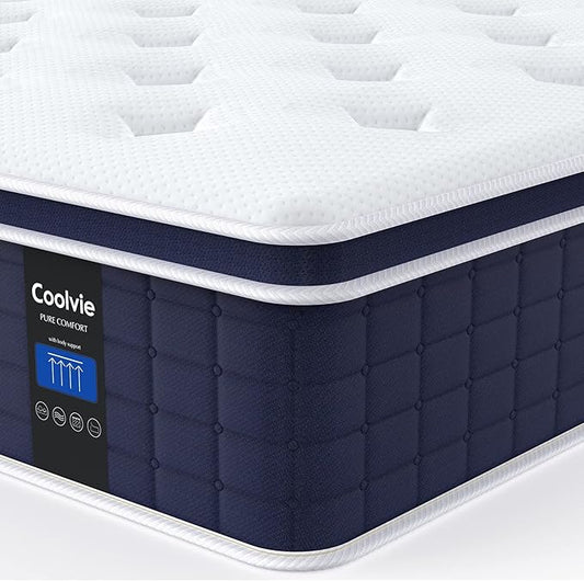 Coolvie 12 Inch Queen Mattress, Hybrid Queen Mattress in a Box, Pocket Springs with Soft Knitted Fabric Cover for a Cool Sleep & Pressure Relief, Medium Firm Feel with Motion Isolation