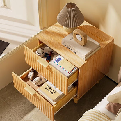 Urban Deco Fluted Nightstand with Storage, Mid Century Modern Nightstand, Wooden Side Table with 2 Fluted Drawers, End Table with Solid Wood Legs for Bedroom,15.4 x 15.4 x 22.8 in (Natural)