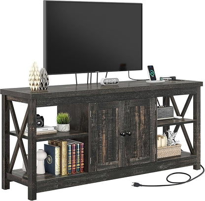 YITAHOME TV Stands for Living Room, Modern Entertainment Center with Power Outlet for Television up to 65 Inch, Farmhouse Media Console TV Cabinet with Adjustable Shelf & Open Shelves, Dark Rustic Oak