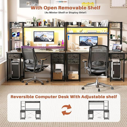 Aheaplus Desk with LED and Outlets, Gaming Desk with Hutch, 47.2'' Computer Desk with Drawers, Reversible office desk with storage bookshelf Large Workstation Desk with Shelf, Desk for Home, Black Oak