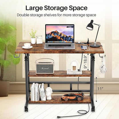 Adjustable Height Standing Desk with Power Outlets, Rolling Stand Up Desk with Storage Shelves, 31.5" Small Mobile Computer Desk, Portable Laptop Table (Brown)