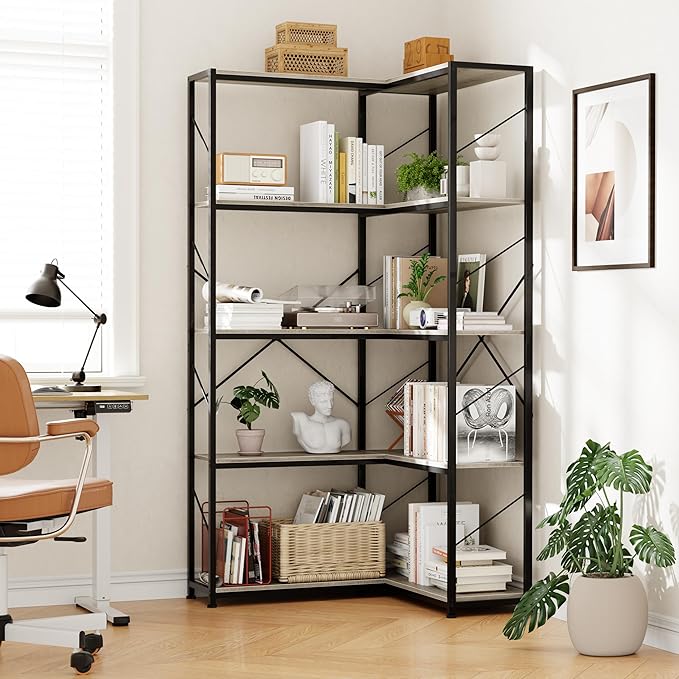 Shintenchi 5 Tier Corner Bookshelf,L Shaped Bookcase,Large Etagere Bookcase,Corner Shelf Display Storage Rack with Metal Frame for Living Room Bedroom Office,Rustic Brown