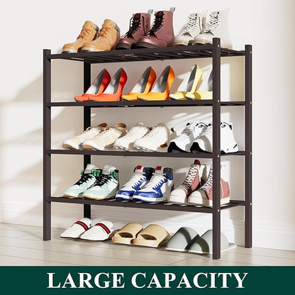 Smiry Shoe Rack, 4 Tier Bamboo Shoe Organizer, Stackable Free Standing Wooden Shoe Storage Shelf for Closet, Entryway, Front Door Entrance, Brown