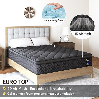 Full Mattress, 12 Inch Mattresses Hybrid Euro Top Mattress Medium Firm for Back & Lumbar Support, 100 Night Trial, Individual Pocket Spring Bed for Motion Isolation & Pressure Relief