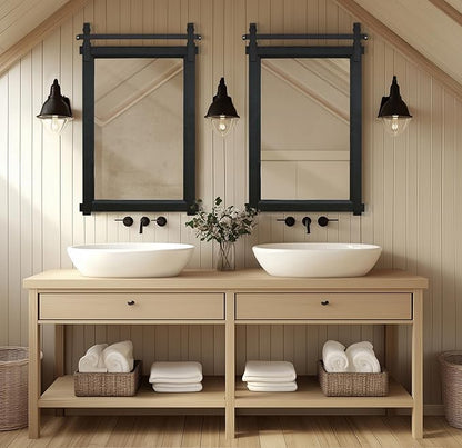 Rustic Barn Door Mirror: 24"x36" Black Farmhouse Wood Frame - Wall Mirror for Entryway/Bathroom/Living Room Wall Decor