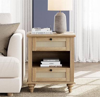 WAMPAT Rattan Nightstand Side Table with Charging Station, Light Wood End Table with 2 Drawers for Living Room, Rustic Farmhouse Night Stand Bedside Table for Bedroom, Oak