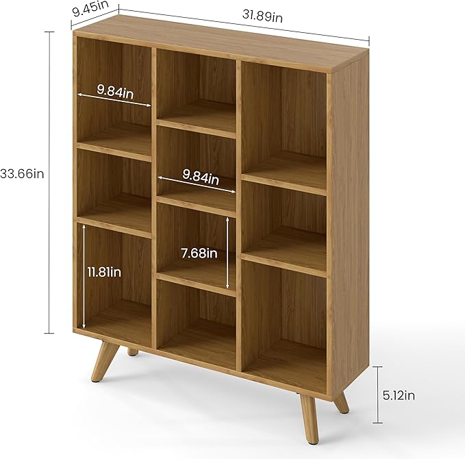 Manora Bookshelf with 10 Open Storage Cubes, Wooden Bookcase Organizer, Rustic Modern Display Shelf for Living Room, Bedroom, Office