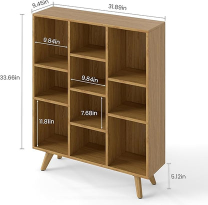 Manora Bookshelf with 10 Open Storage Cubes, Wooden Bookcase Organizer, Rustic Modern Display Shelf for Living Room, Bedroom, Office