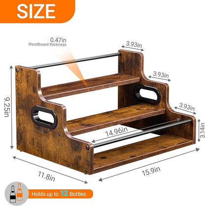 3-Tier Liquor Bottle Display Shelf - Holds up to 12 Bottles, Rustic Wood Bar Shelves for The Home Bar, Countertop Whiskey and Bourbon Organizer with Anti-Slip Pads
