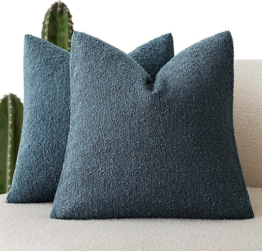 Foindtower Set of 2, Decorative Textured Boucle Throw Pillow Covers Accent Solid Pillow Cases Neutral Couch Cushion Case for Chair Sofa Bedroom Living Room Home Decor 24x24 Inch Dark Blue
