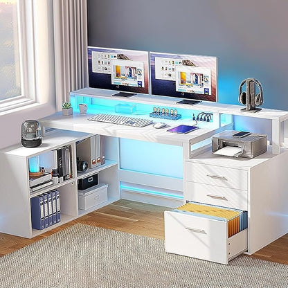 DWVO L Shaped Desk with Drawers, 65" Computer Desk with Power Outlets & LED Lights, Corner Home Office Desk with Storage Shelves & Printer Stand, White