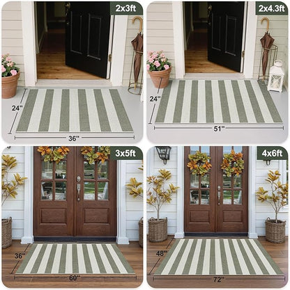 OJIA Striped Outdoor Area Rug 4'x6' Washable Patio Rugs Cotton Woven Living Room Rug Farmhouse Indoor Outdoor Rugs Large Floor Carpet for Courtyard/Bedroom/Entryway (Green/White/Tan)