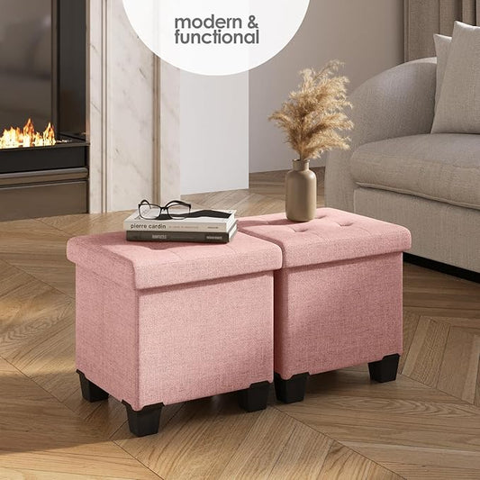 STORAGEBUD Storage Ottoman Cube with Small Bin, 16-in Square Ottoman with Storage for Living Room and Bedroom, Small Ottomans Foot Rest, Fabric Foot Stools Ottomans Max 330lbs, Pink
