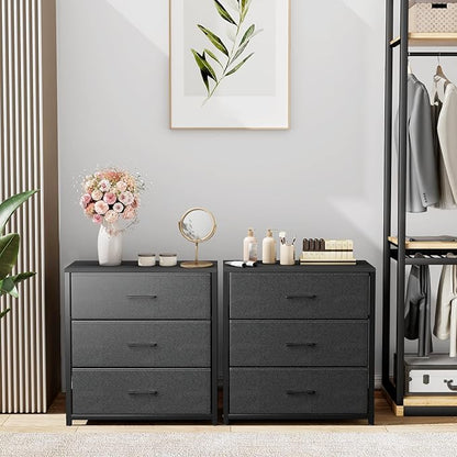 Nightstand with 3 Drawers for Bedroom, Storage Dresser with Fabric Drawers and Metal Frame for Closet, Living Room, Bedside Table with Wood Top, Easy Pull Handle, Black