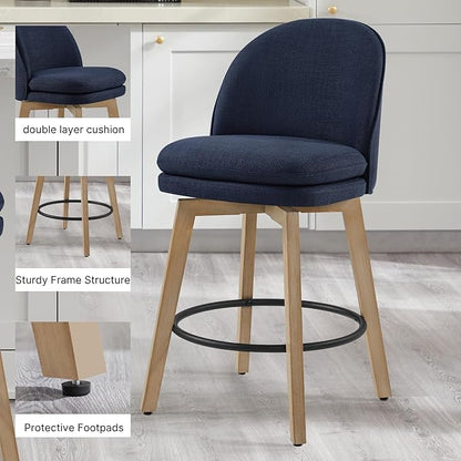 Counter Height Barstools 26 inch Upholstered Swivel Bar Stools with Back and Wood Legs for Kitchen Island,Set of 3,Blue Fabric-Armless