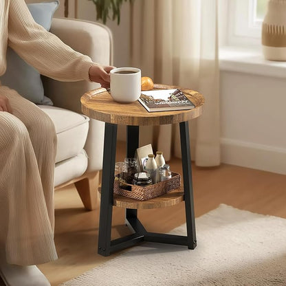 PPAMAPIC Round End Table, 2 Tier Side Table with Storage Shelf, Nightstand Accent Table for Living Room Bedroom Small Space, Black Metal Frame, 15.7" D x 19.7" H, Rustic Brown