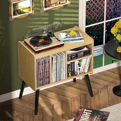 Record Player Table, Mid-Century Record Player Stand with Vinyl Storage Hold Up to 150+ Albums, Vinyl Record Cabinet with Adjustable Shelves, Wood Turntable Stand for Music Living Room (Walnut)